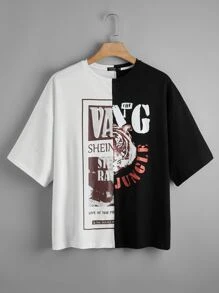SHEIN Unity Plus Tiger & Letter Graphic Two Tone Tee - Black and White - View 1
