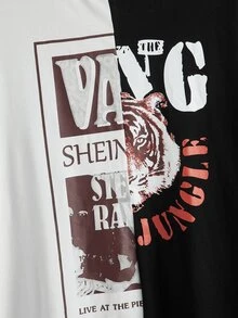 SHEIN Unity Plus Tiger & Letter Graphic Two Tone Tee - Black and White - View 3