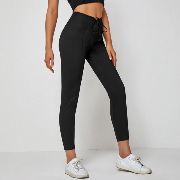 

Lace-up Wide Waistband Leggings, Black