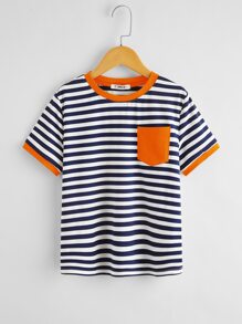 SHEIN Boys Pocket Patched Striped Ringer Tee - Blue and White - View 1