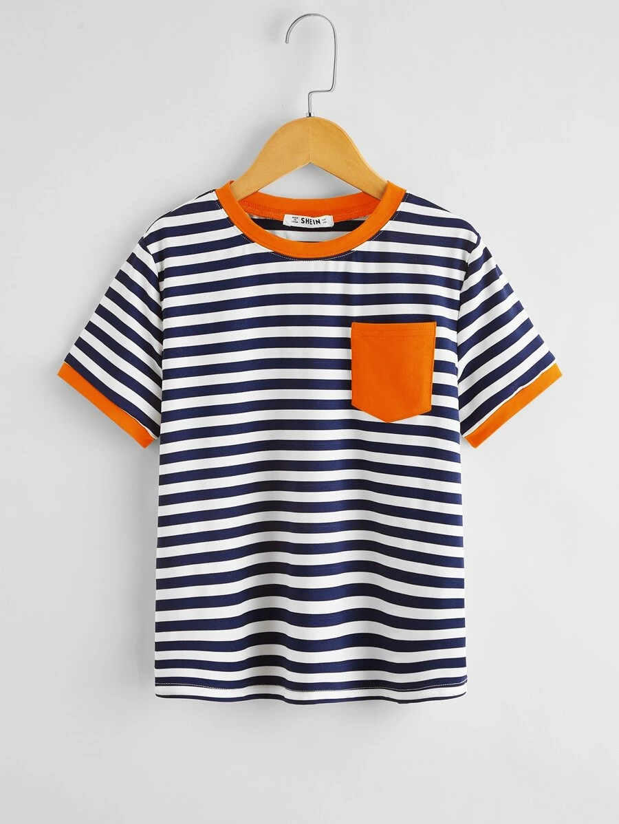 SHEIN Boys Pocket Patched Striped Ringer Tee - Blue and White - View 1