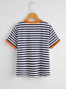 SHEIN Boys Pocket Patched Striped Ringer Tee - Blue and White - View 2