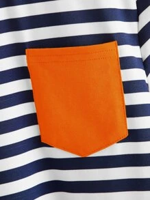 SHEIN Boys Pocket Patched Striped Ringer Tee - Blue and White - View 3