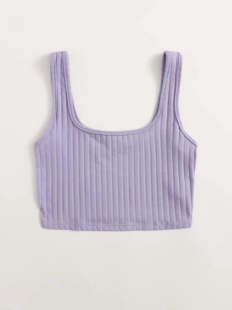 SHEIN EZwear 羅紋針織素色短版背心上衣 - 紫丁香色 - 查看 3