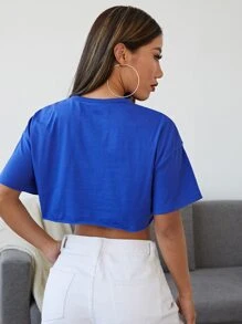 SHEIN EZwear Top corto súper con detalle rasgado y gráfico de eslogan HOTDANN Problems No Feelings FREE POCK N ROLL BAD GirlS CLU BAD GirlS C GirlS BAD GUS CLI PEK KROL BAD Girl BAD CI - Azul - Ver 2