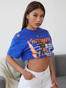 SHEIN EZwear Top corto súper con detalle rasgado y gráfico de eslogan HOTDANN Problems No Feelings FREE POCK N ROLL BAD GirlS CLU BAD GirlS C GirlS BAD GUS CLI PEK KROL BAD Girl BAD CI - Azul - Ver 4
