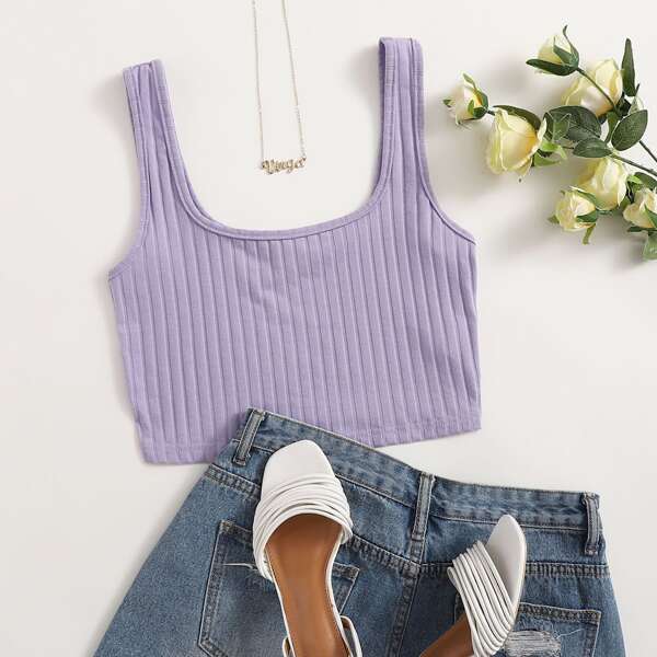 

Rib-knit Solid Crop Tank Top, Lilac purple