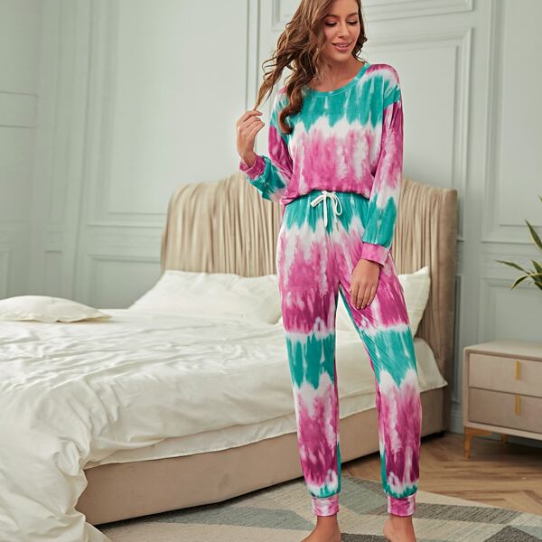 

Tie Dye Drop Shoulder Sweatshirt & Drawstring Waist Sweatpants Lounge Set, Multicolor