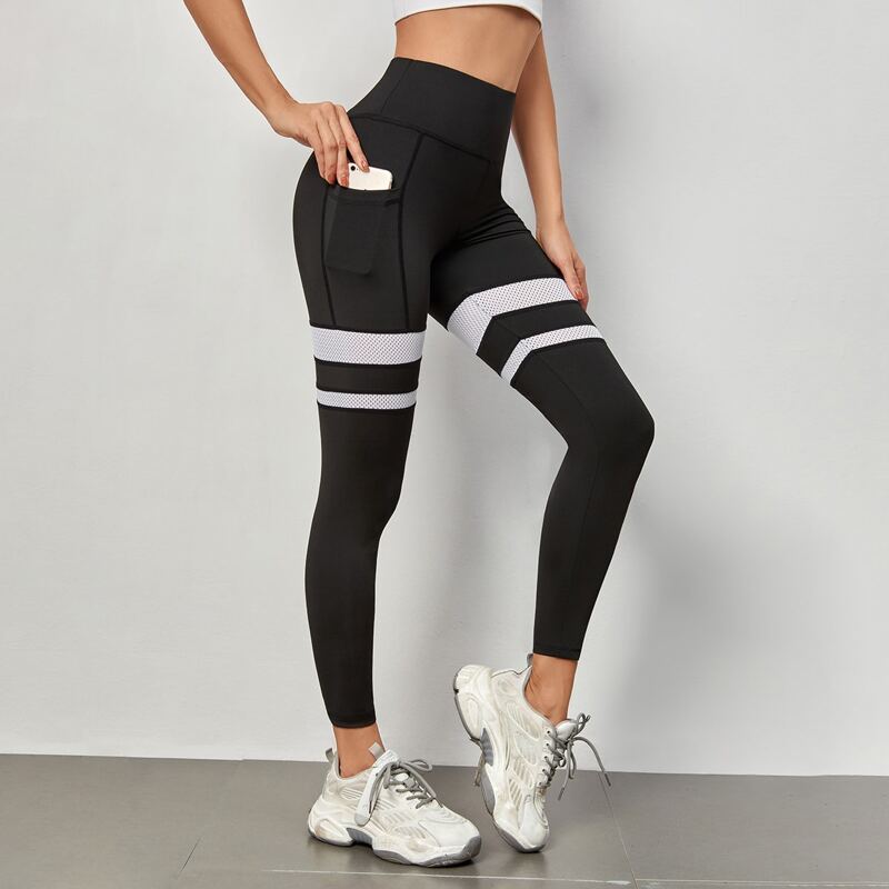 

Striped Sports Leggings With Phone Pocket, Black