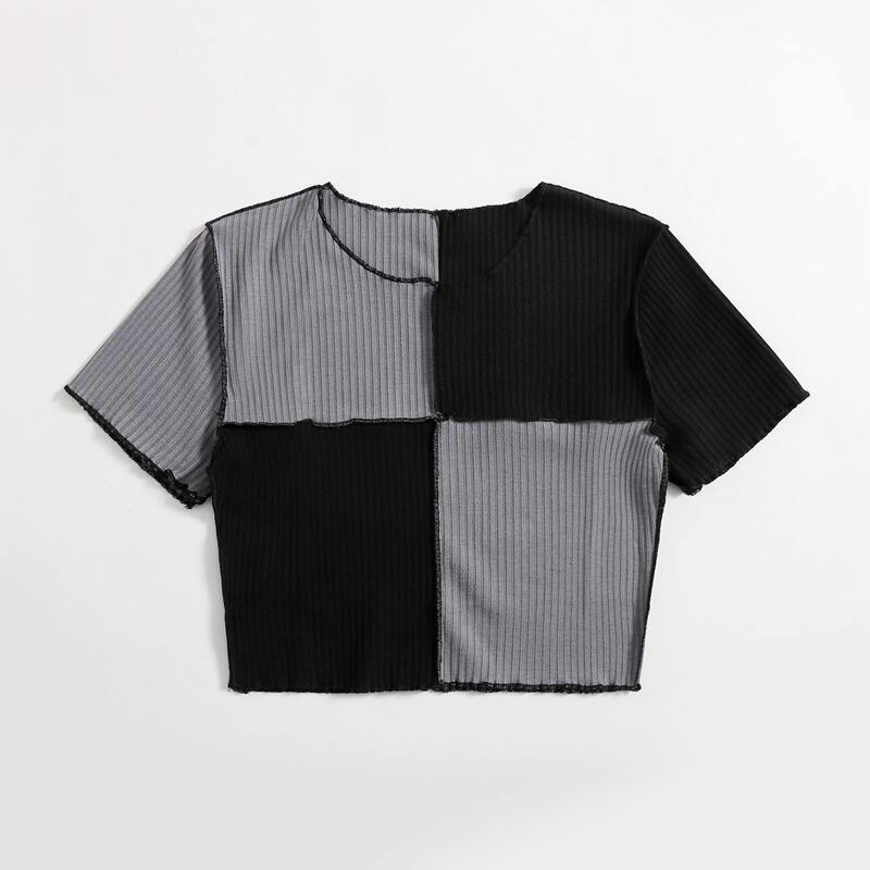 

Contrast Piping Spliced Crop Tee, Multicolor