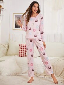Conjunto de pijama y antifaz con gráfico de donas, ropa de otoño e invierno - Rosa Pálido - Ver 4