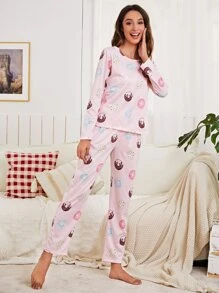 Conjunto de pijama y antifaz con gráfico de donas, ropa de otoño e invierno - Rosa Pálido - Ver 5