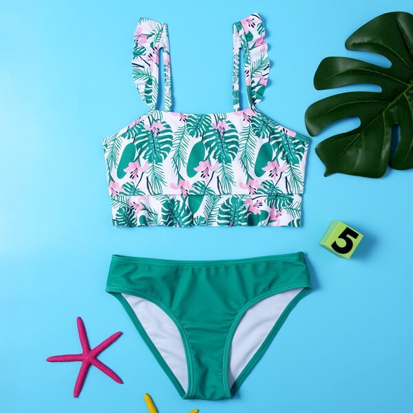 

Girls Floral & Tropical Ruffle Bikini Swimsuit, Green