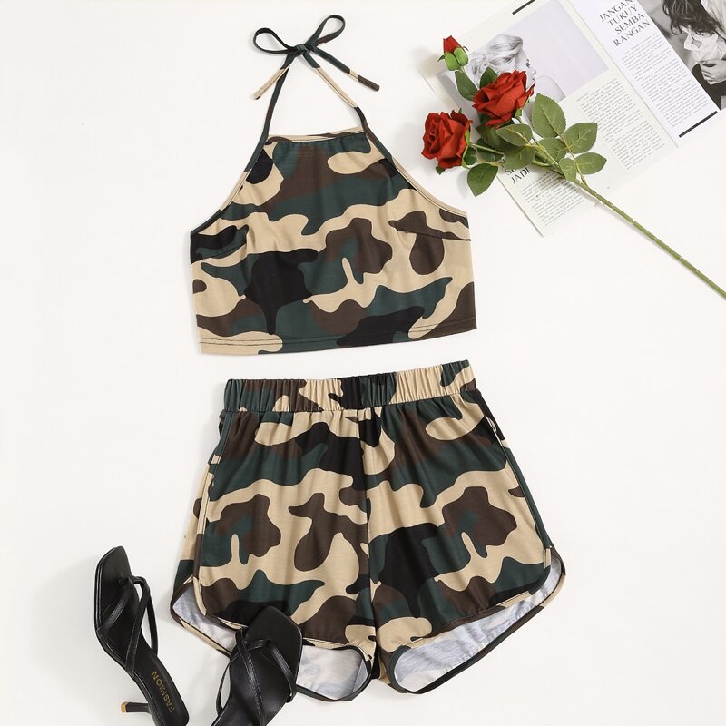 

Camo Print Crop Halter Top With Shorts, Multicolor