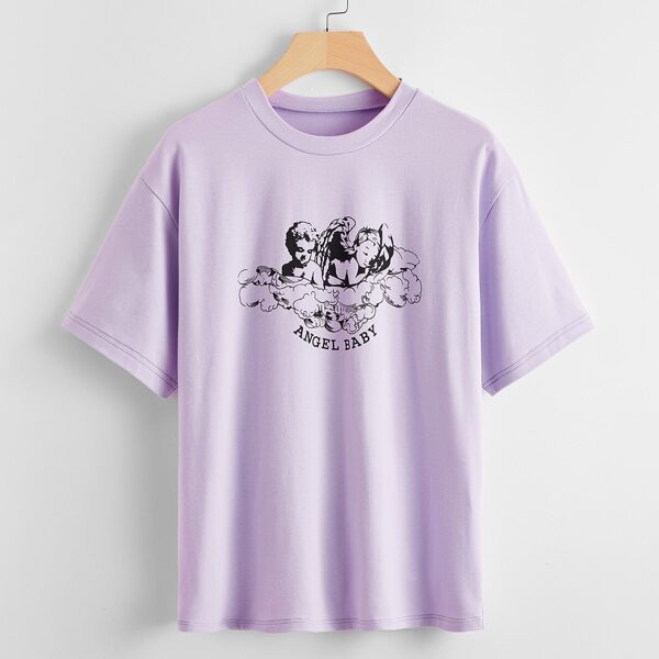 

Angel & Letter Graphic Tee, Lilac purple