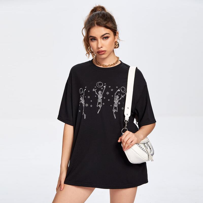

Skull And Galaxy Print Oversized Tee, Black