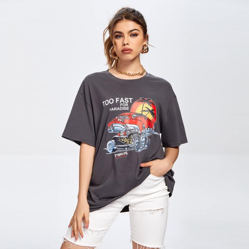 

Slogan And Graphic Print Tee, Dark grey