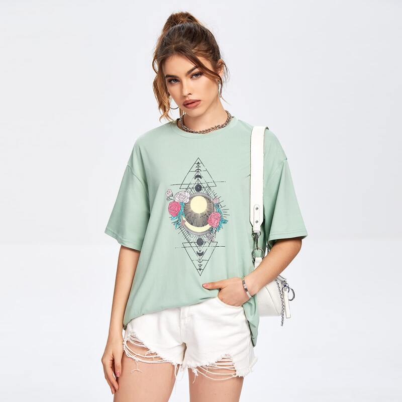 

Floral And Graphic Print Tee, Mint green