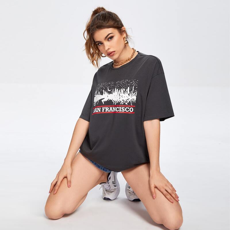 

Letter And Galaxy Print Oversized Tee, Black