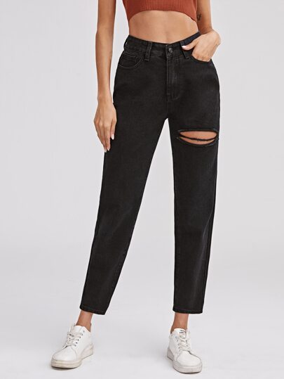 High Waist Ripped Mom Cropped Jeans