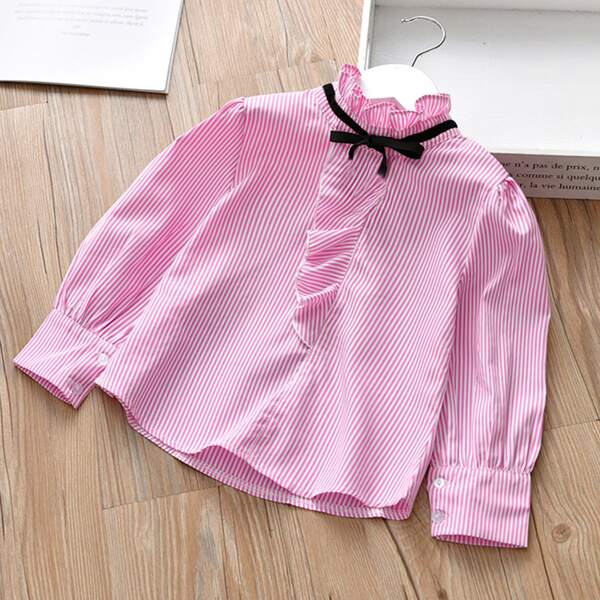 

Toddler Girls Striped Print Frill Neck Blouse, Pink