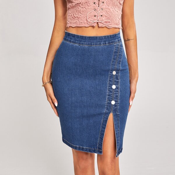 

High Waist Button Front Slit Hem Denim Skirt, Medium wash