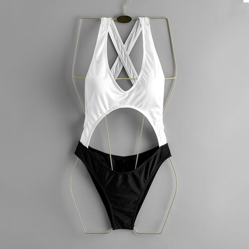 

Moon Print Crisscross Cut-out One Piece Swimsuit, Black and white