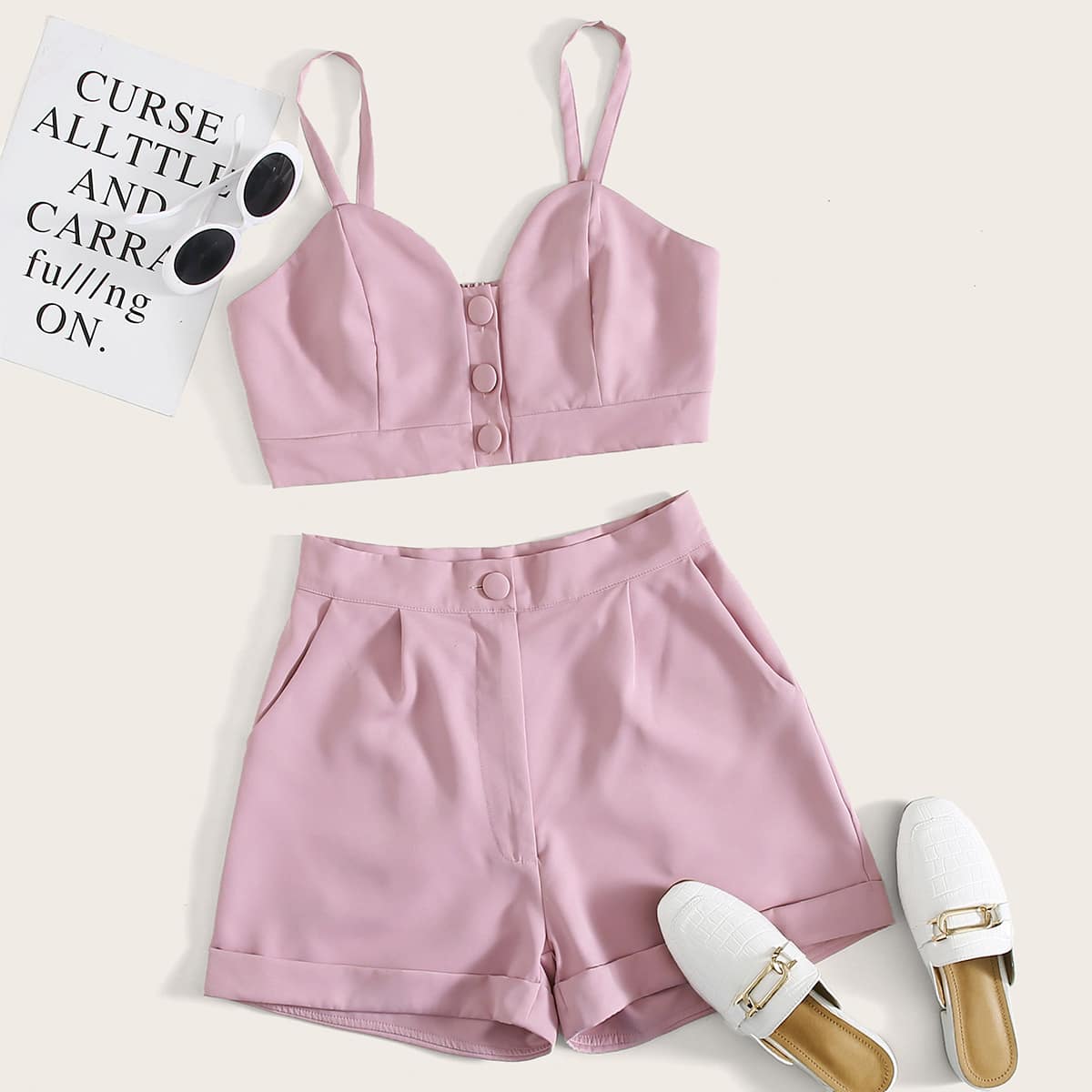 

Covered Button Cami Top With Shorts, Dusty pink