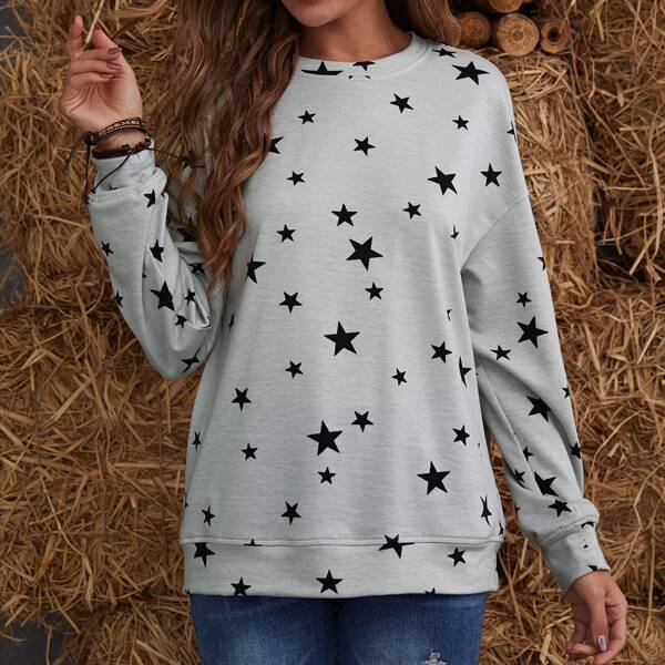 

Star Print Drop Shoulder Pullover, Light grey