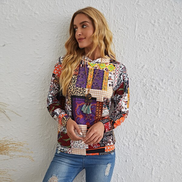 

Paisley Patchwork Print Drop Shoulder Hoodie, Multicolor