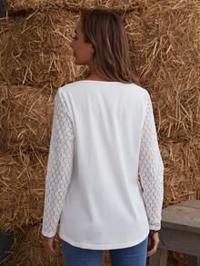 EMERY ROSE Camiseta Con Cuello En V Con Manga Raglán De Encaje De Guipure - Blanco - Ver 2