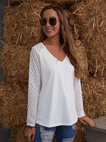 EMERY ROSE Camiseta Con Cuello En V Con Manga Raglán De Encaje De Guipure - Blanco - Ver 3