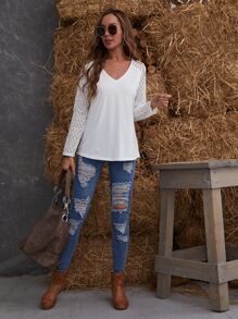 EMERY ROSE Camiseta Con Cuello En V Con Manga Raglán De Encaje De Guipure - Blanco - Ver 4