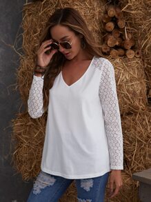 EMERY ROSE Camiseta Con Cuello En V Con Manga Raglán De Encaje De Guipure - Blanco - Ver 5