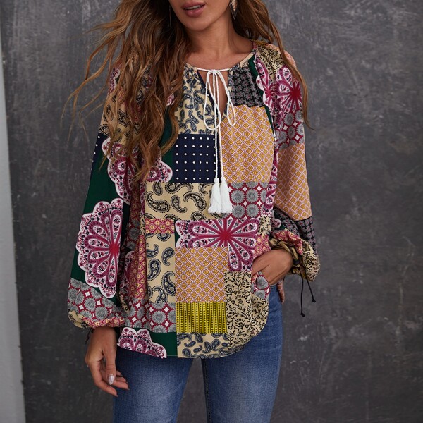 

Tie Neck Lantern Sleeve Patchwork Top, Multicolor
