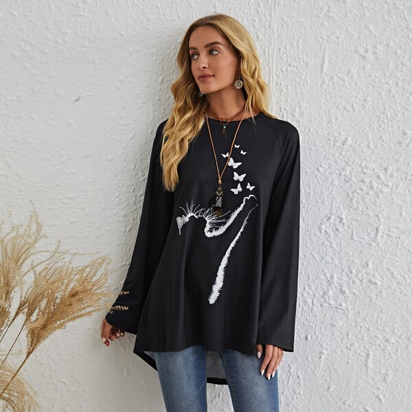 

Butterfly Print High Low Hem Tee, Black