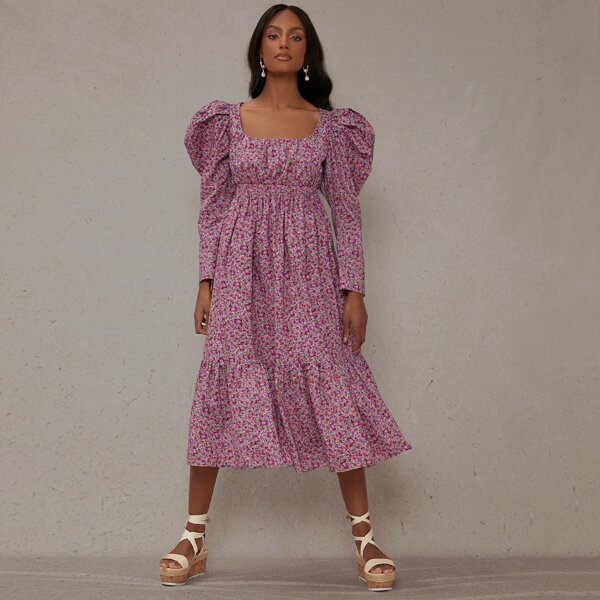 

Ruched Bust Gigot Sleeve Ditsy Floral Dress, Multicolor