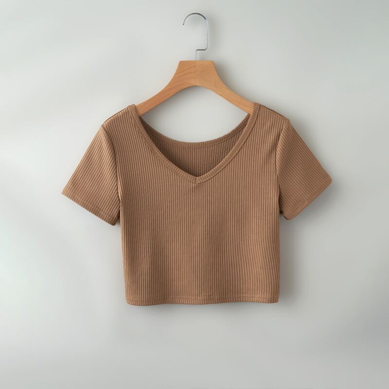 

V Neck Ribbed Crop Tee, Khaki