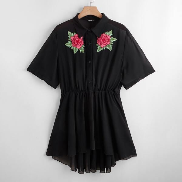 

Plus Floral Appliques Ruffle Hem Blouse, Black