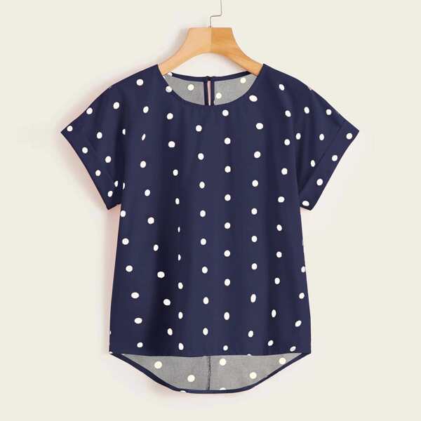 

Plus Polka Dot High Low Blouse, Navy blue