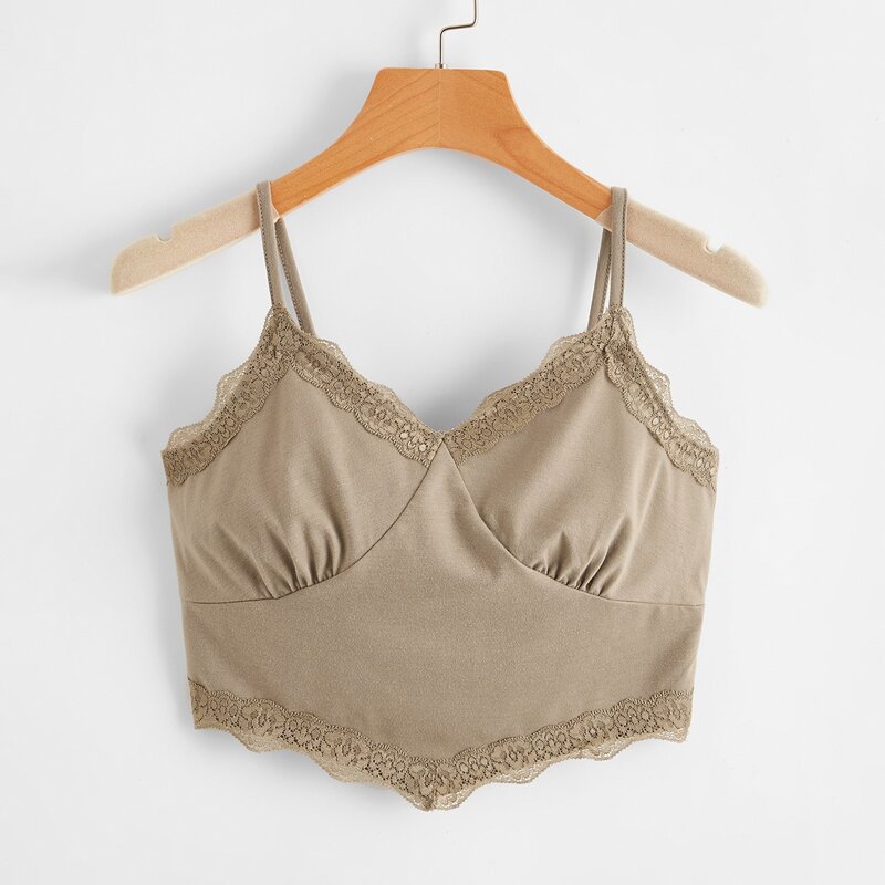 

Contrast Lace Ruched Bust Cami, Khaki
