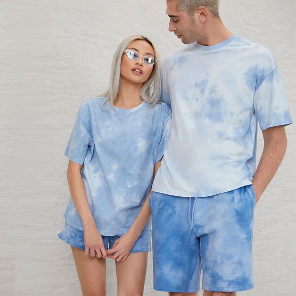 

1PC Tie Dye Drop Shoulder Tee, Blue and white