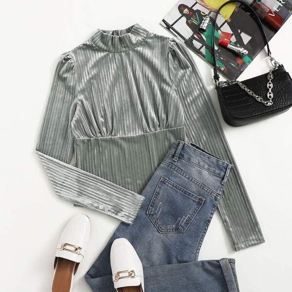 

Mock-neck Ribbed Velvet Tee, Mint green