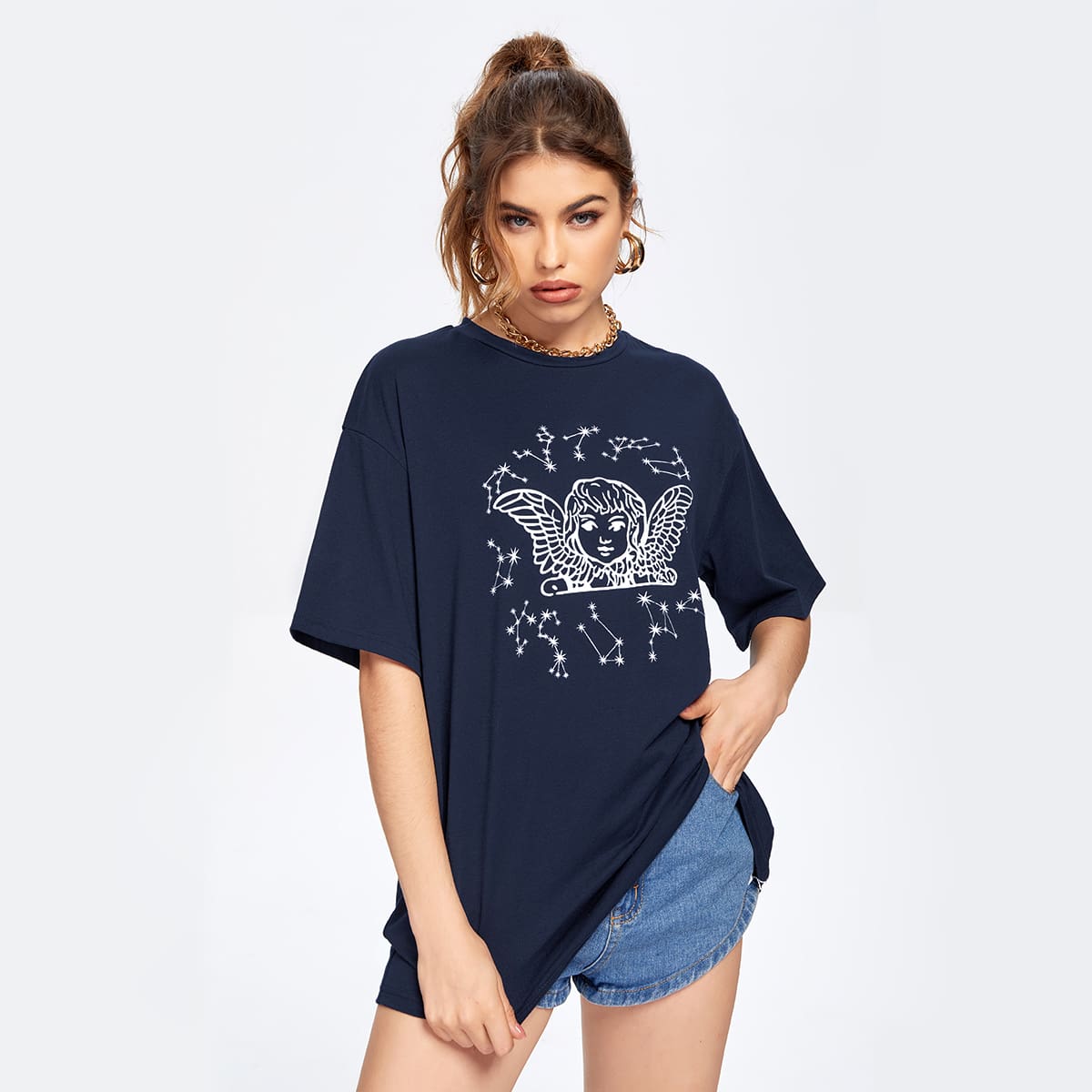 

Angel Print Drop Shoulder Oversized Tee, Navy blue