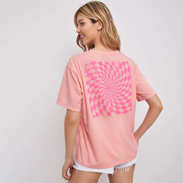 

Checker & Slogan Print Tee, Coral pink