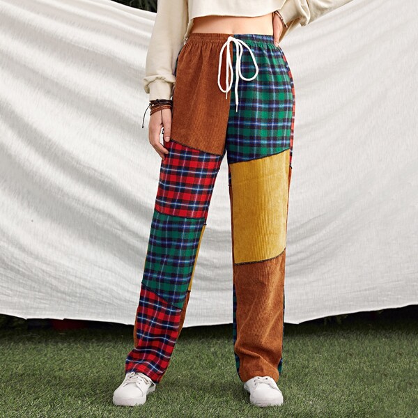 

Drawstring Waist Tartan Patchwork Colorblock Cord Pants, Multicolor