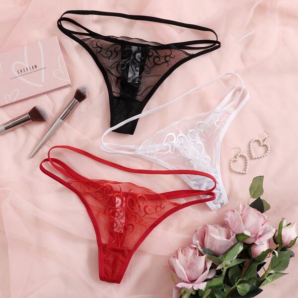 

3pack Embroidered Mesh Panty Set, Multicolor