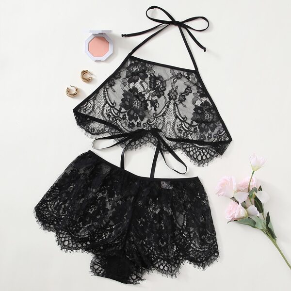 

Floral Lace Scallop Trim Lingerie Set, Black