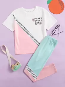 SHEIN Cô gái Tween In Khẩu hiệu Khối màu Bộ áo thun & Leggings - Nhiều màu - Xem 1
