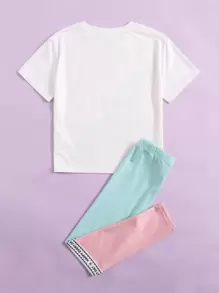 SHEIN Cô gái Tween In Khẩu hiệu Khối màu Bộ áo thun & Leggings - Nhiều màu - Xem 2